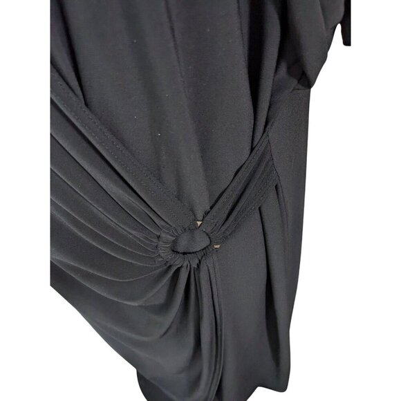 Vintage Womens Plus Size 22 Faux Wrap Dress Solid All Black Short Sleeve Ruched - Picture 6 of 7